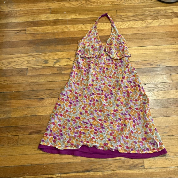 Dresses & Skirts - Silk Halter Floral Pink Orange Purple Yellow Y2K Dress Size XL